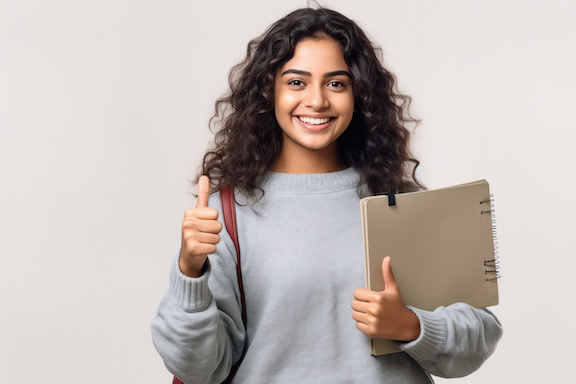 happy healthy college student gives a thumbs up